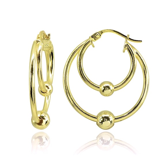 Anthropologie Jewelry - 14k Gold Plated Double Hoop Earrings With Gold Bead Accent Detail Hoops